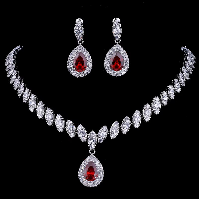 Simulated Bridal Silver Necklace Sets 5 Colors Wedding Jewelry Parure Bijoux Femme Party Gift