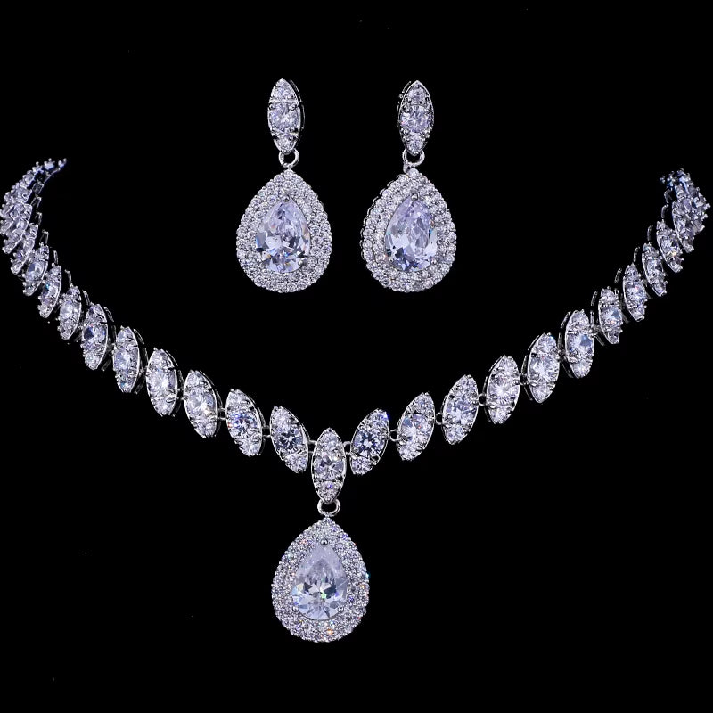 Simulated Bridal Silver Necklace Sets 5 Colors Wedding Jewelry Parure Bijoux Femme Party Gift