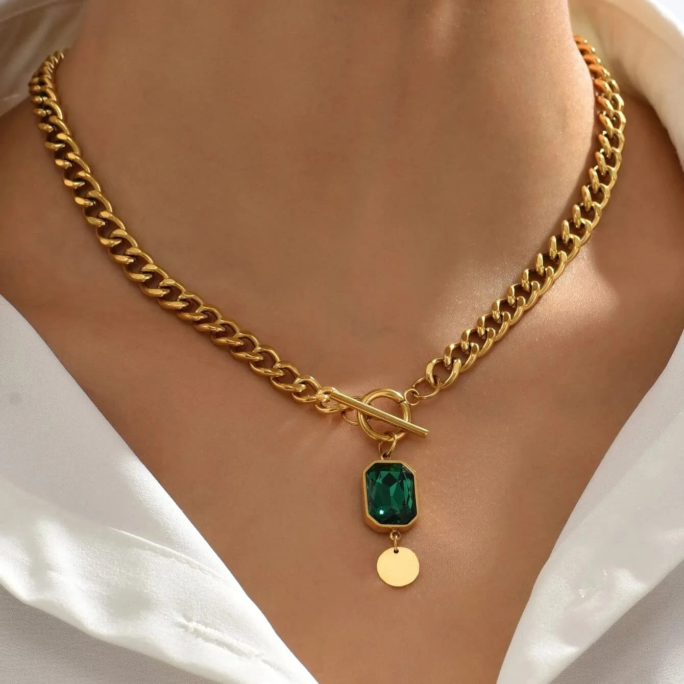 Chunky Toggle Necklace 18K Gold Plated Simple Cuban Chain Link Toggle Clasp Necklaces for Women