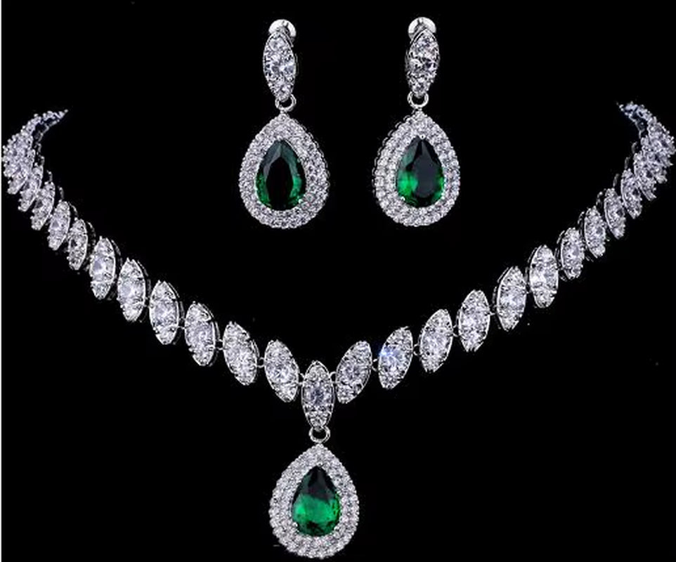 Simulated Bridal Silver Necklace Sets 5 Colors Wedding Jewelry Parure Bijoux Femme Party Gift