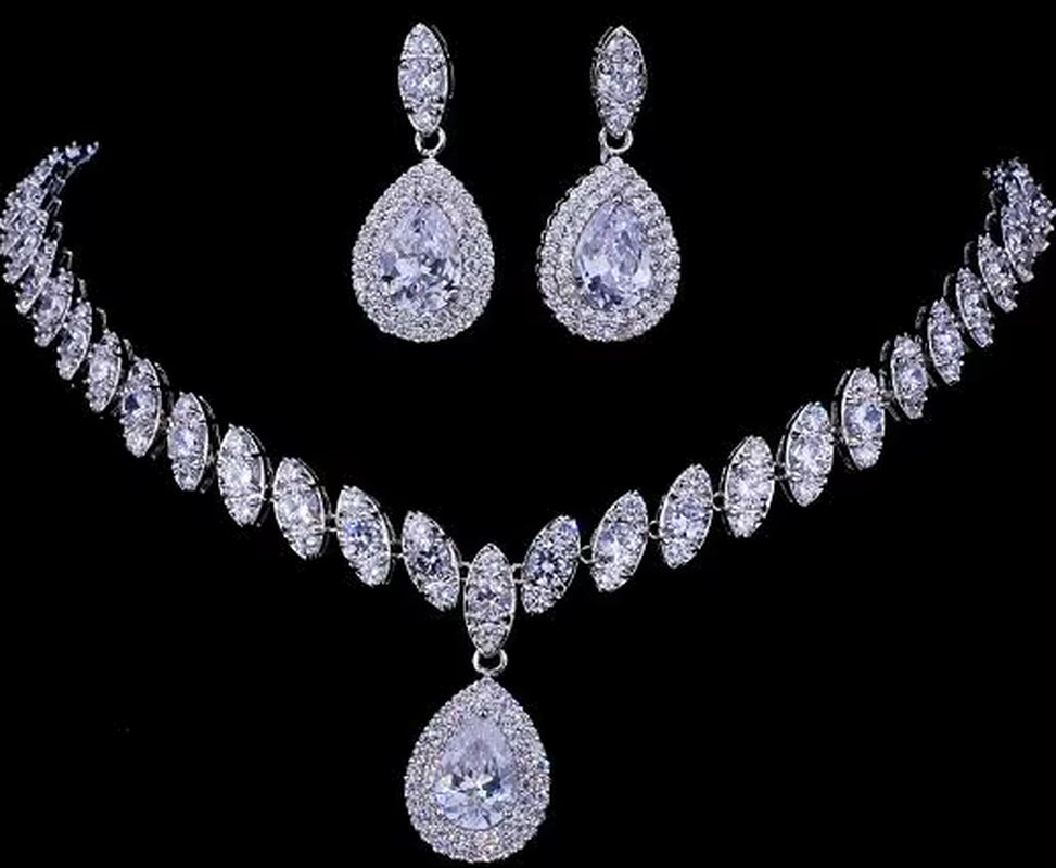Simulated Bridal Silver Necklace Sets 5 Colors Wedding Jewelry Parure Bijoux Femme Party Gift