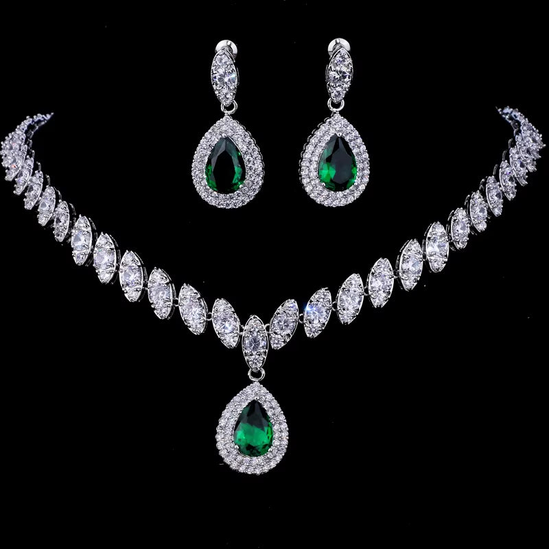 Simulated Bridal Silver Necklace Sets 5 Colors Wedding Jewelry Parure Bijoux Femme Party Gift